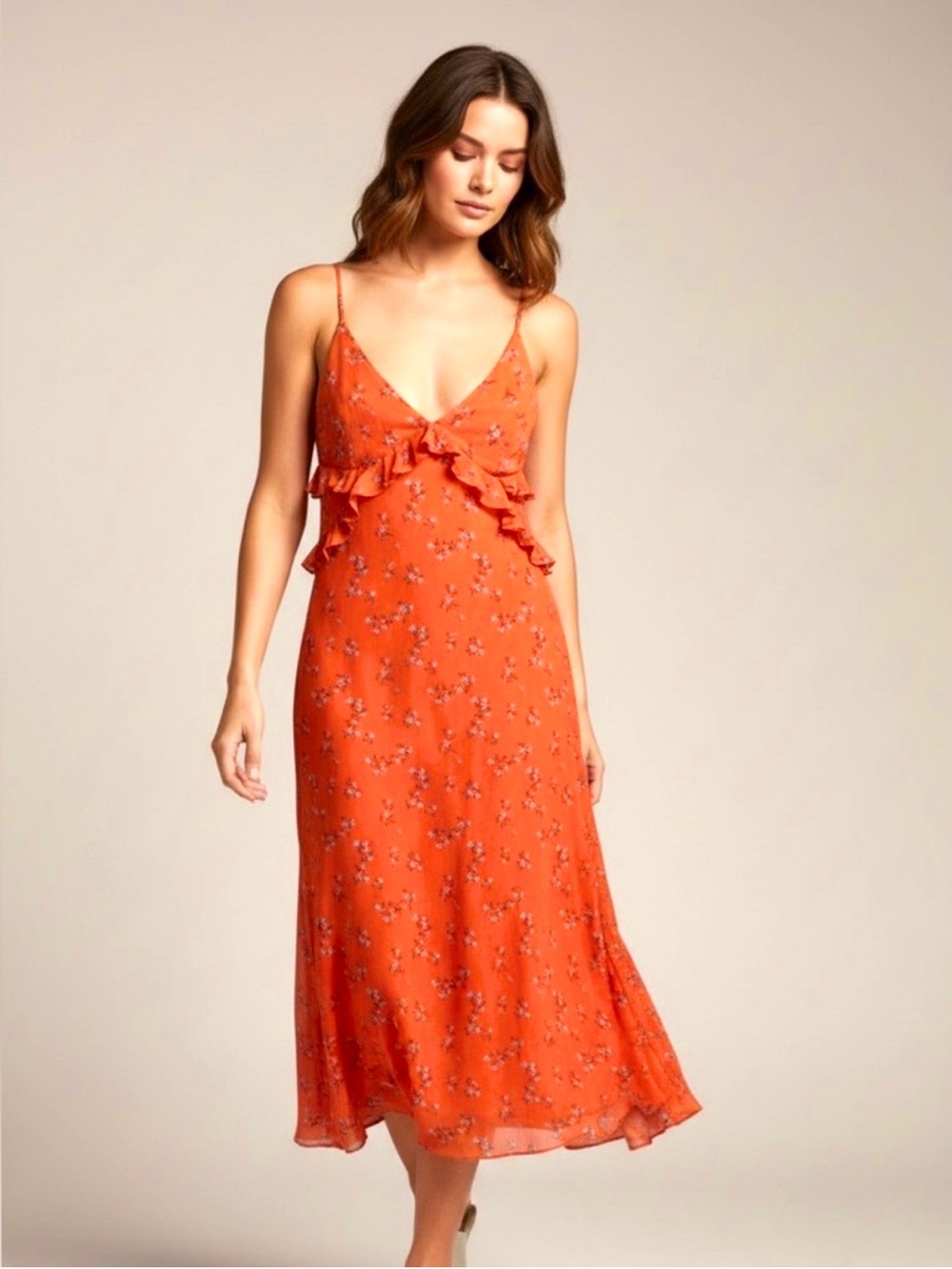 UO HEIDI ORANGE FLORAL PRINT RUFFLE FLOWY ROMANTIC TEA-LENGTH MAXI DRESS SzS